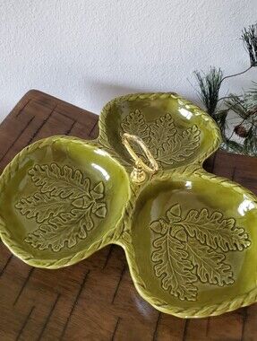 California Pottery MCM Avocado Green Oak Leaf Divided Serving Dish Vintage